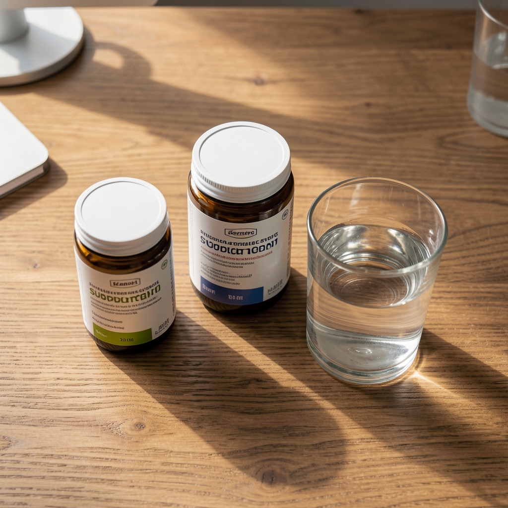 Supplement containers and a glass of water arranged on a wooden desk in morning light, editorial overhead composition