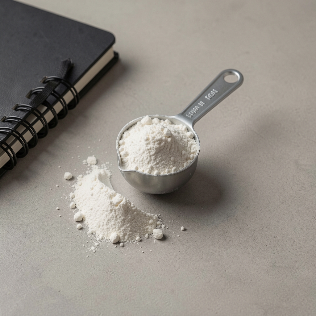 Creatine powder in a measuring scoop on a neutral surface, editorial flat lay with gym notebook