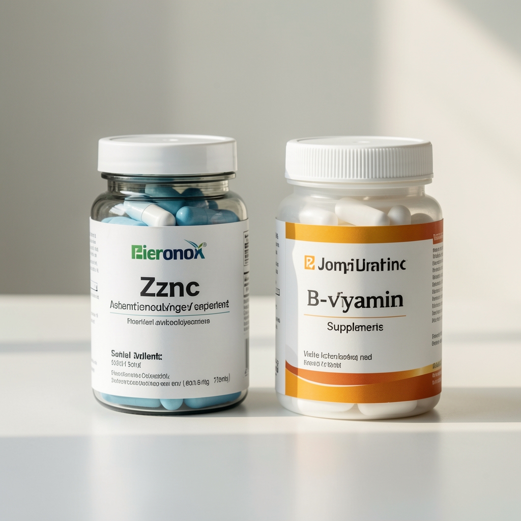 Zinc and B-vitamin supplement containers on a minimalist surface, soft natural light, editorial composition
