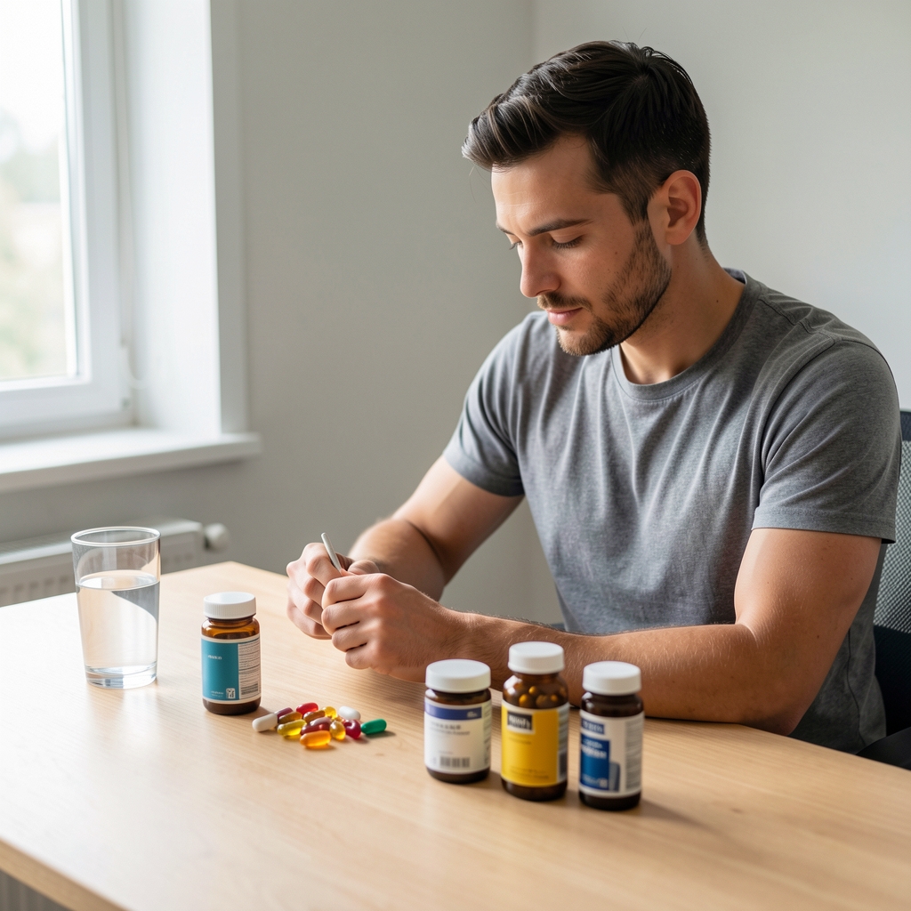 Man preparing his morning supplement routine at a clean wooden desk, natural side light, glass of water and several supplement containers arranged neatly